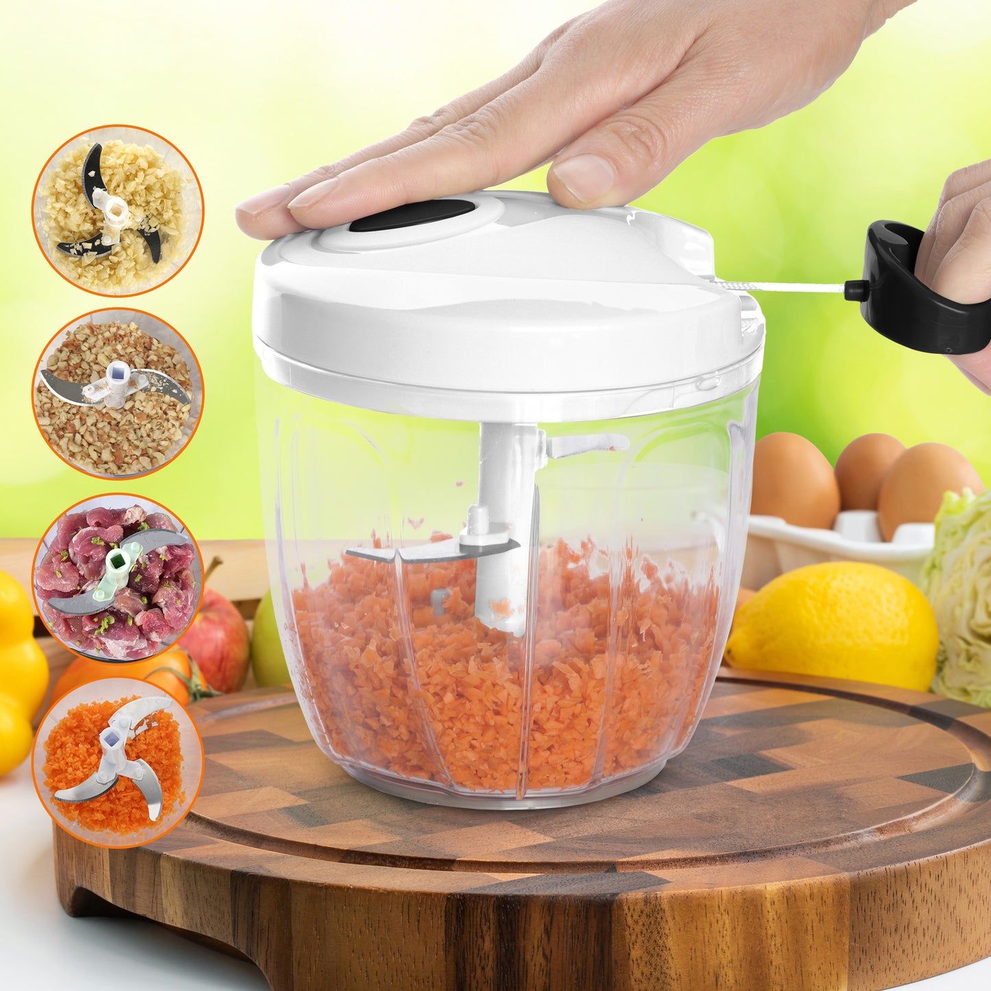 Cheer Collection Manual Vegetable Chopper with Pull String, 30oz, Black and White