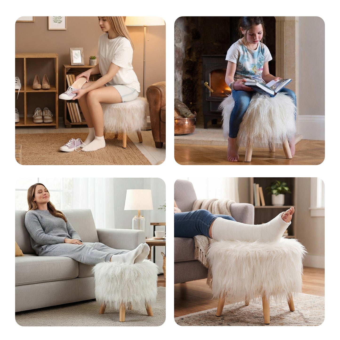 Cheer Collection Faux Fur Wood Leg Stool, White