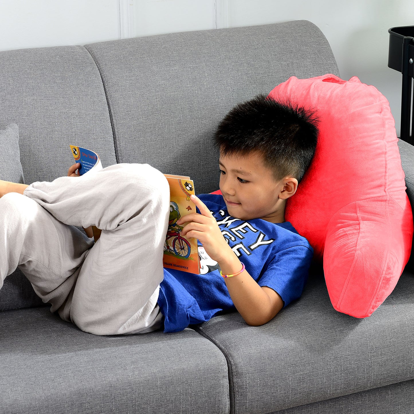 Cheer Collection Kids Size Reading and Gaming Pillow with Armrest - Plush Fiber Filled Backrest Pillow