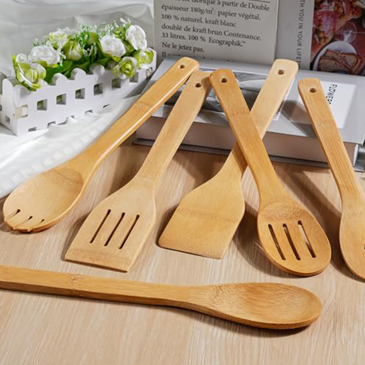Cheer Collection Premium Bamboo Cooking Utensil Set – 6 Piece Non-Scratch Wooden Spatulas & Spoons for Kitchen