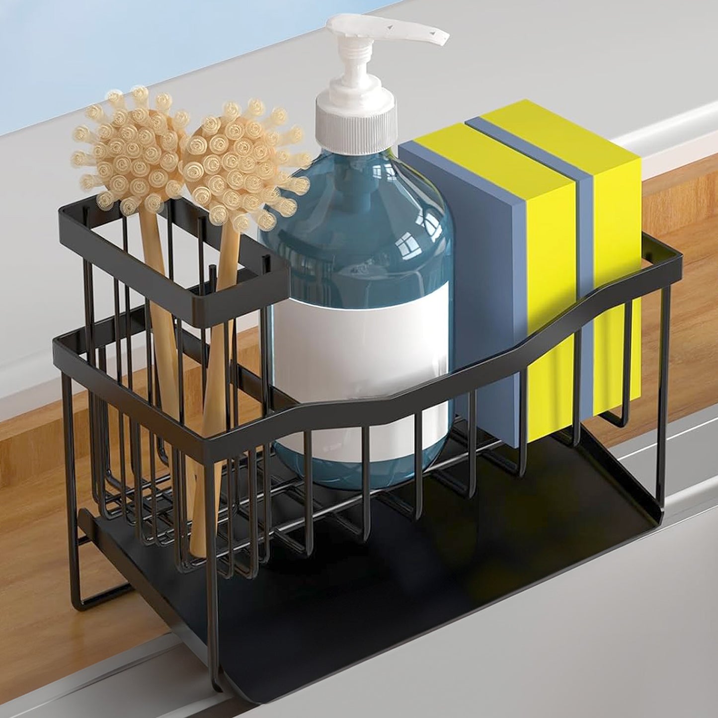 Cheer Collection Stainless Steel Sink Caddy Sponge Holder with Drain Tray and Brush Organizer