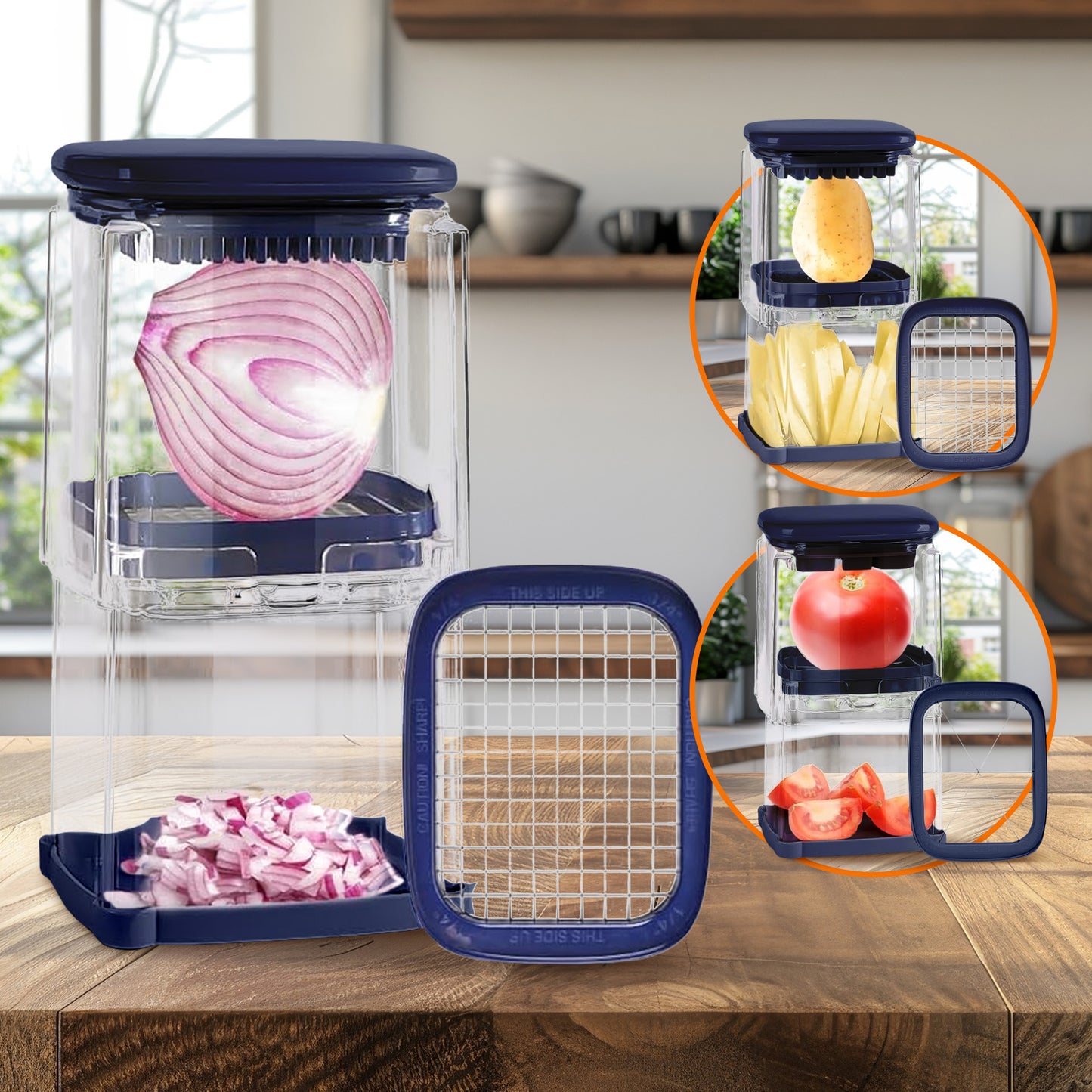 Cheer Collection Vegetable Chop Box with 3 Interchangeable Blades, Navy Blue