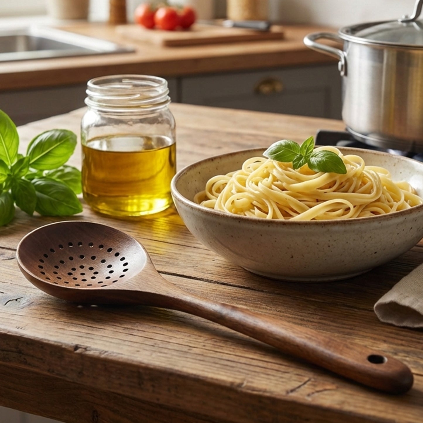 Cheer Collection Teak Wood Strainer Spoon for Pasta and Cooking with Drain Holes