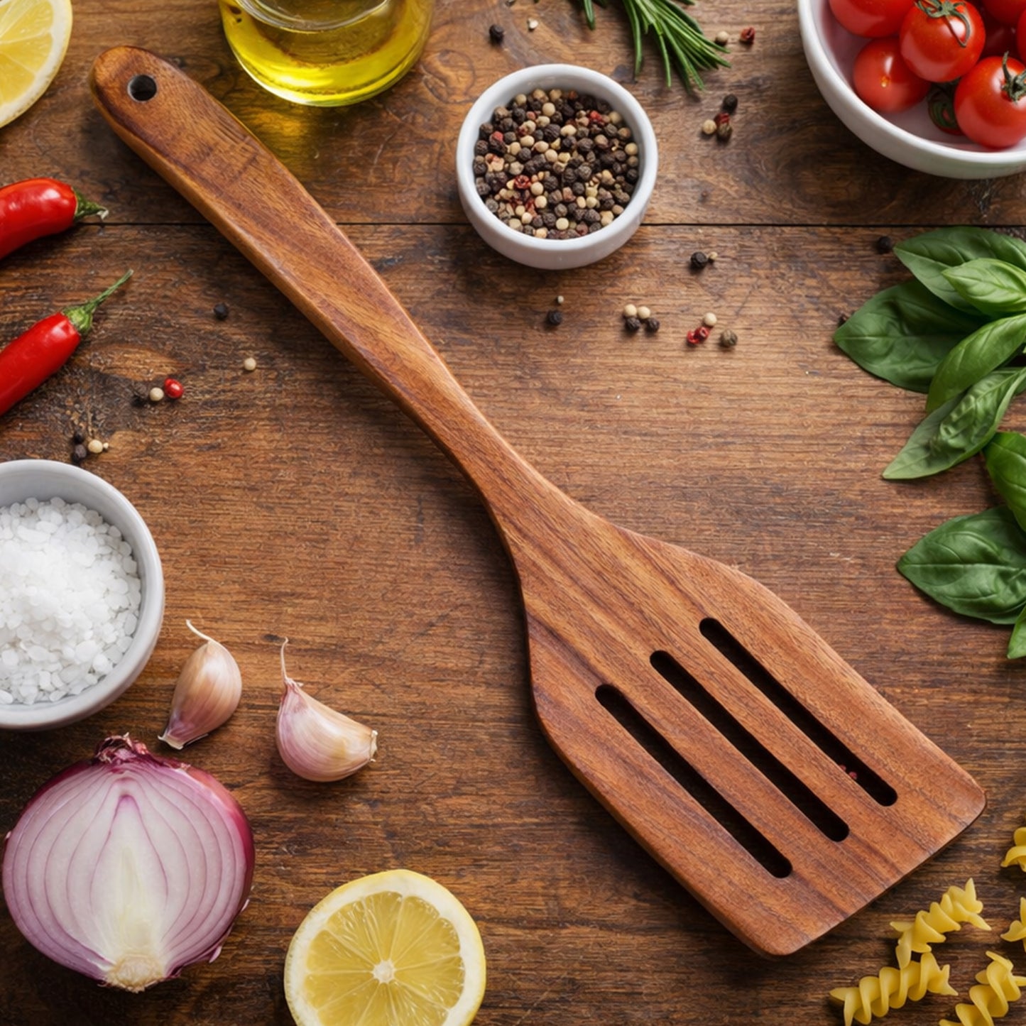 Cheer Collection Teak Wood Slotted Spatula for Cooking with Drain Slots and Nonstick Safe Design