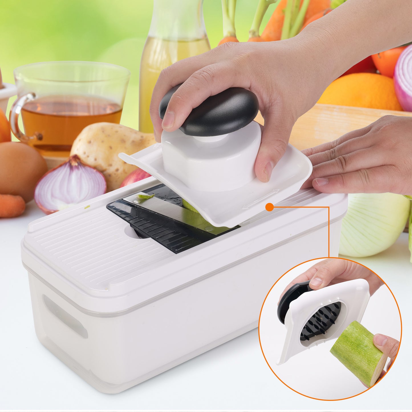 Cheer Collection 7 Blade Vegetable Slicer and Chopper with Container and Lid Black and White