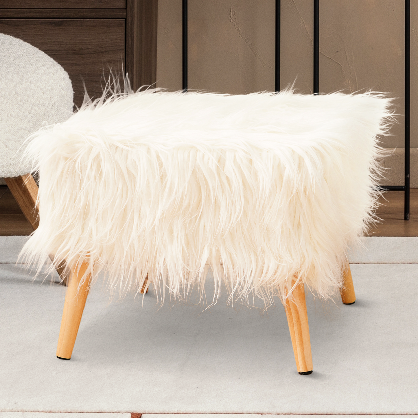 Cheer Collection Faux Fur Wood Leg Stool, White
