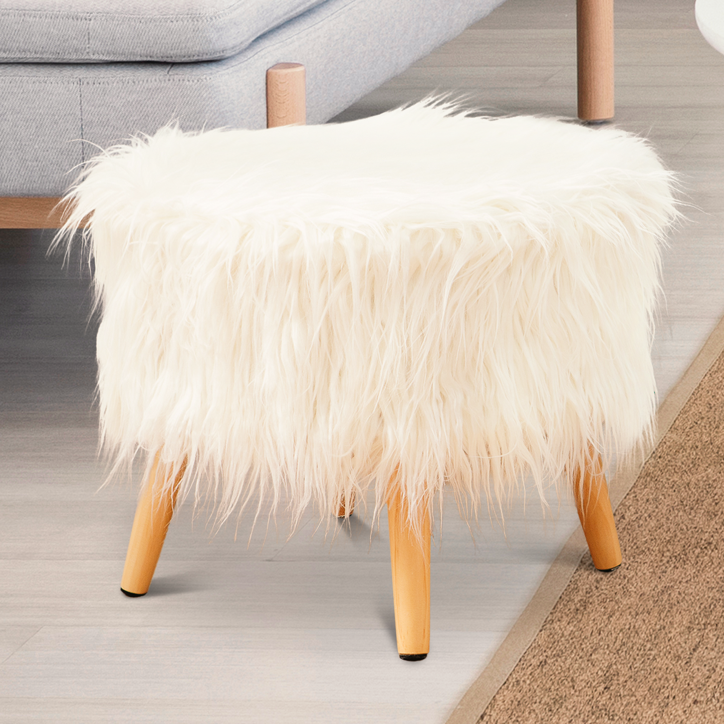 Cheer Collection Faux Fur Wood Leg Stool, White