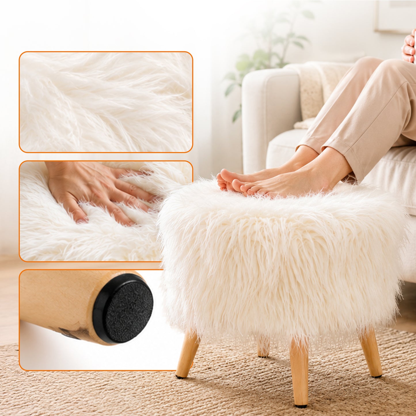 Cheer Collection Faux Fur Wood Leg Stool, White