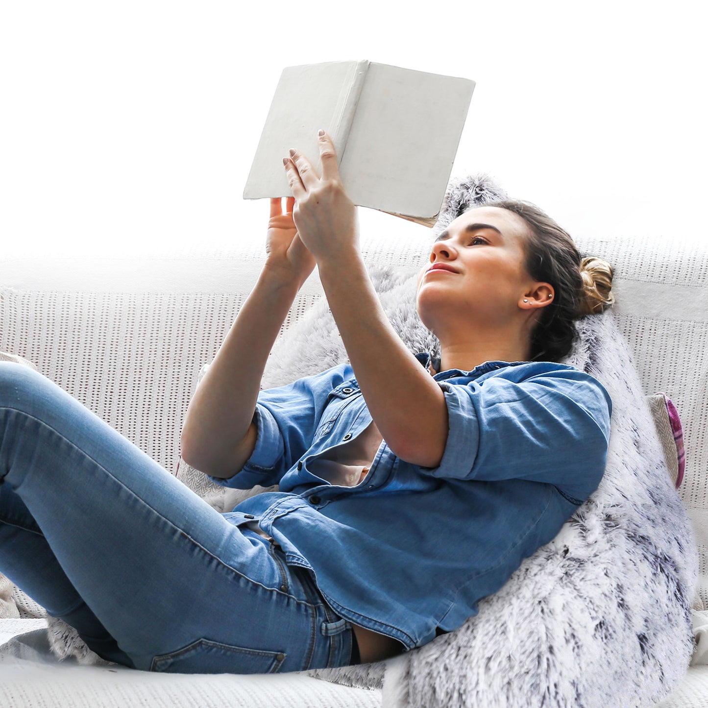 Cheer Collection Fluffy Reading Pillow - Long Shaggy Hair TV and Gaming Pillow with Armrest