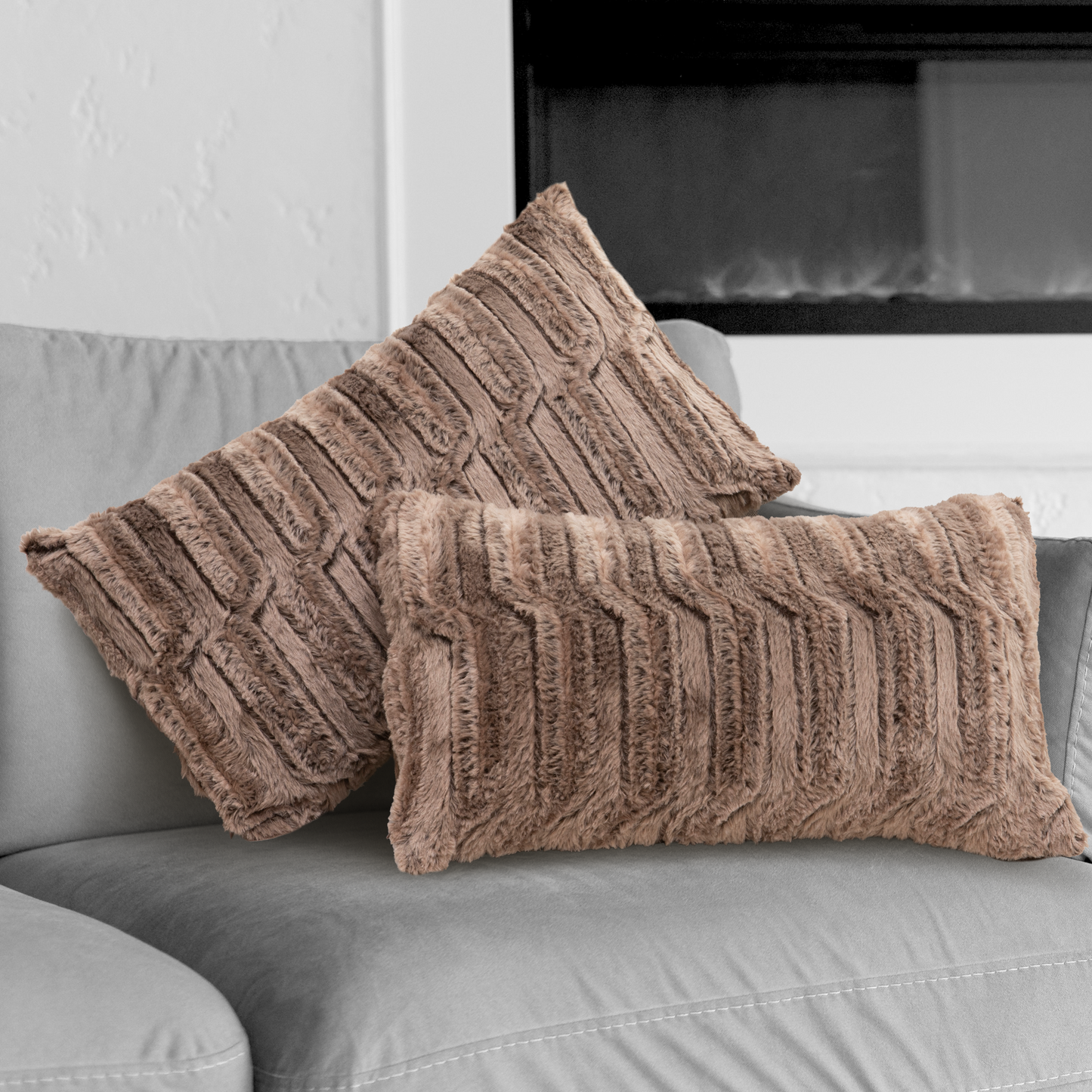 Cheer Collection Decorative Faux Fur Throw Pillow  with Inserts - Luxuriously Soft Bamboo Design Accent Pillows – 12” x 20” - Set of 2