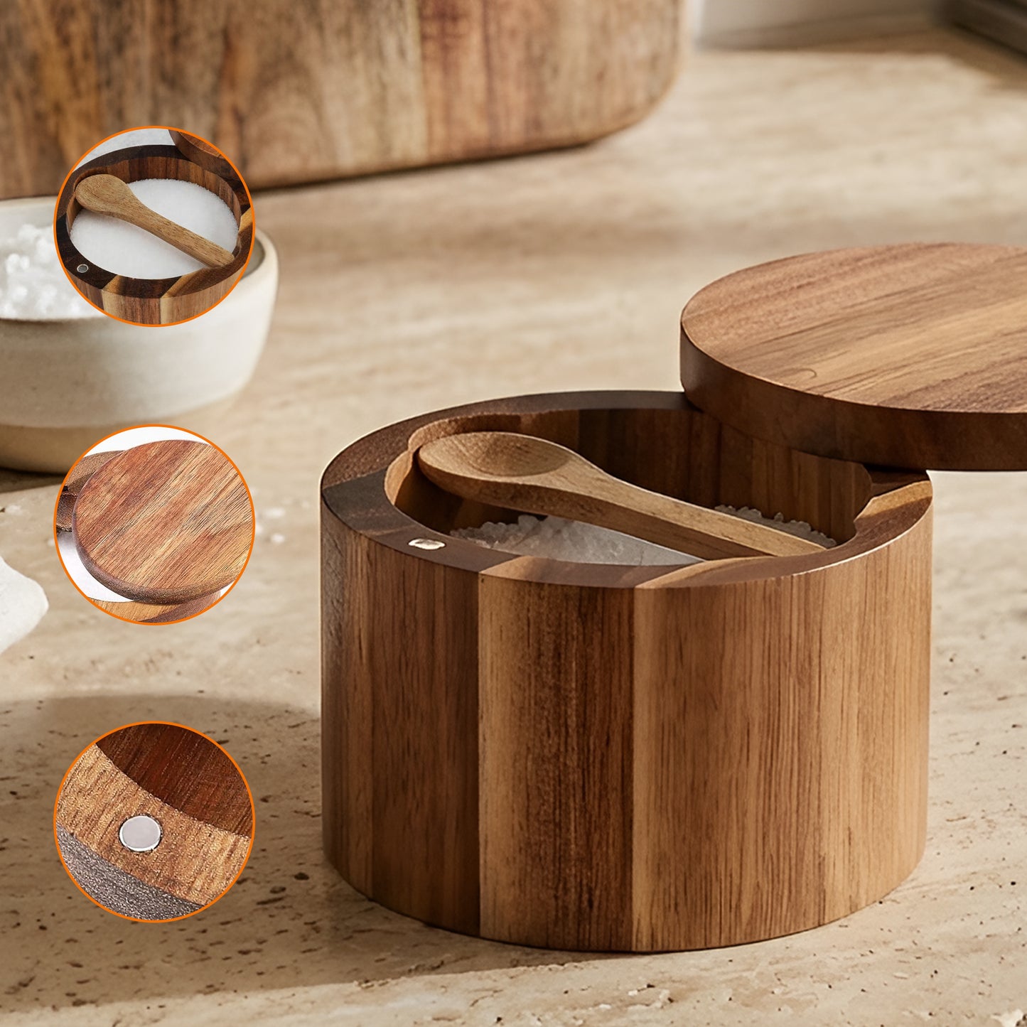 Cheer Collection Acacia Wood Salt Cellar with Magnetic Swivel Lid & Spoon