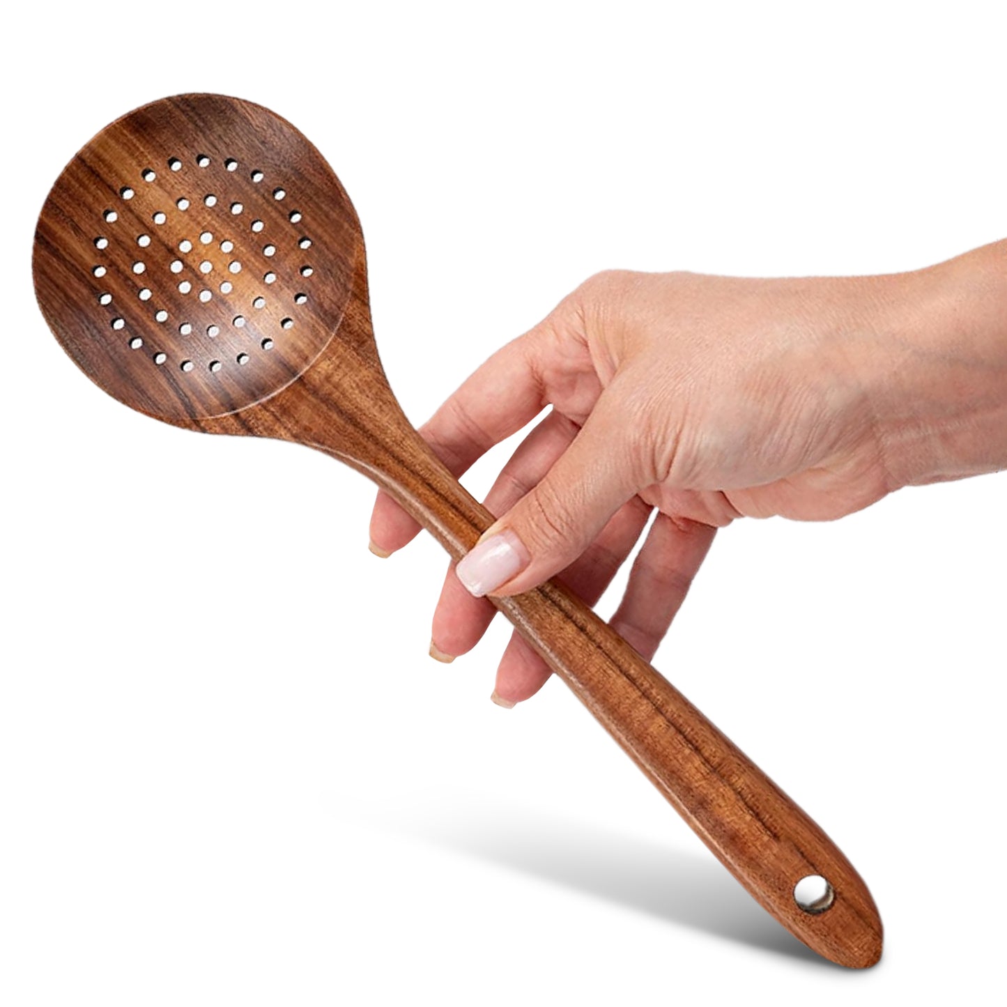 Cheer Collection Teak Wood Strainer Spoon for Pasta and Cooking with Drain Holes