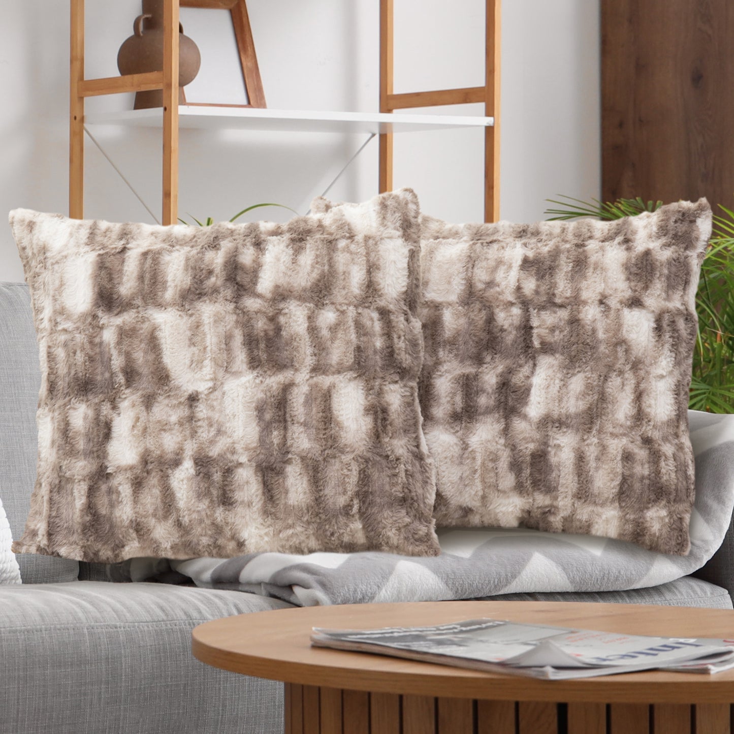 Cheer Collection Decorative Faux Fur Throw Pillow with Inserts – Luxuriously Soft Bamboo Design Accent Pillows – 18” x 18” - Set of 2