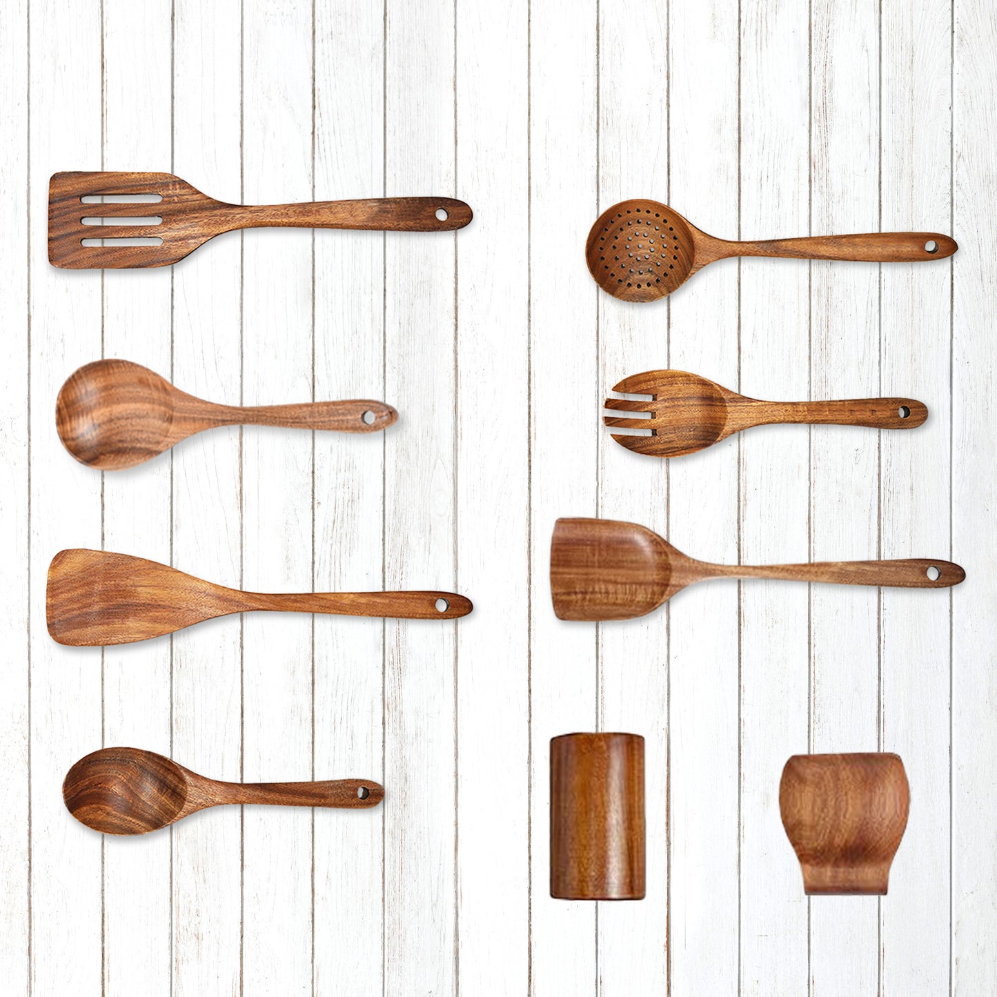 Cheer Collection 9 Piece Deluxe Wooden Utensils Set with Holder and Spoon Rest