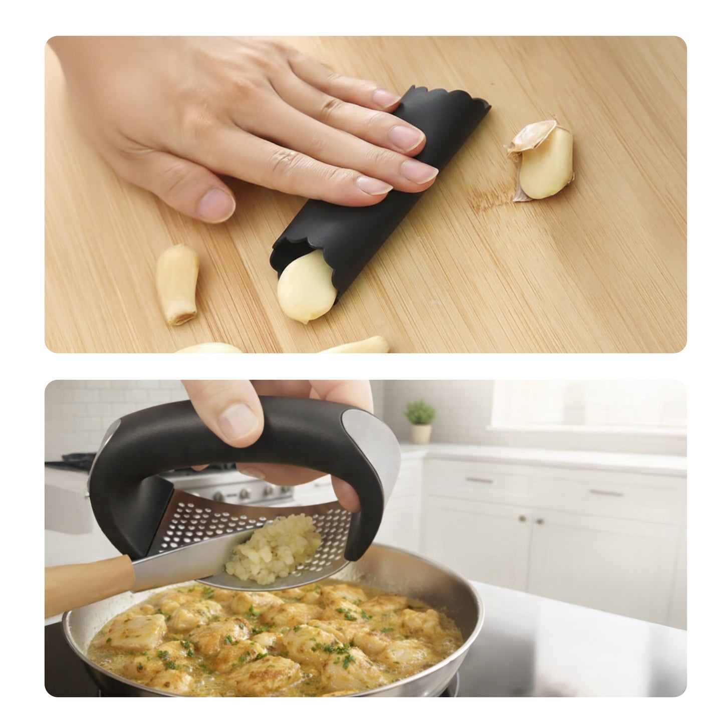 Cheer Collection Garlic Press Rocker Set Stainless Steel Garlic Mincer with Peeler Brush and Scraper