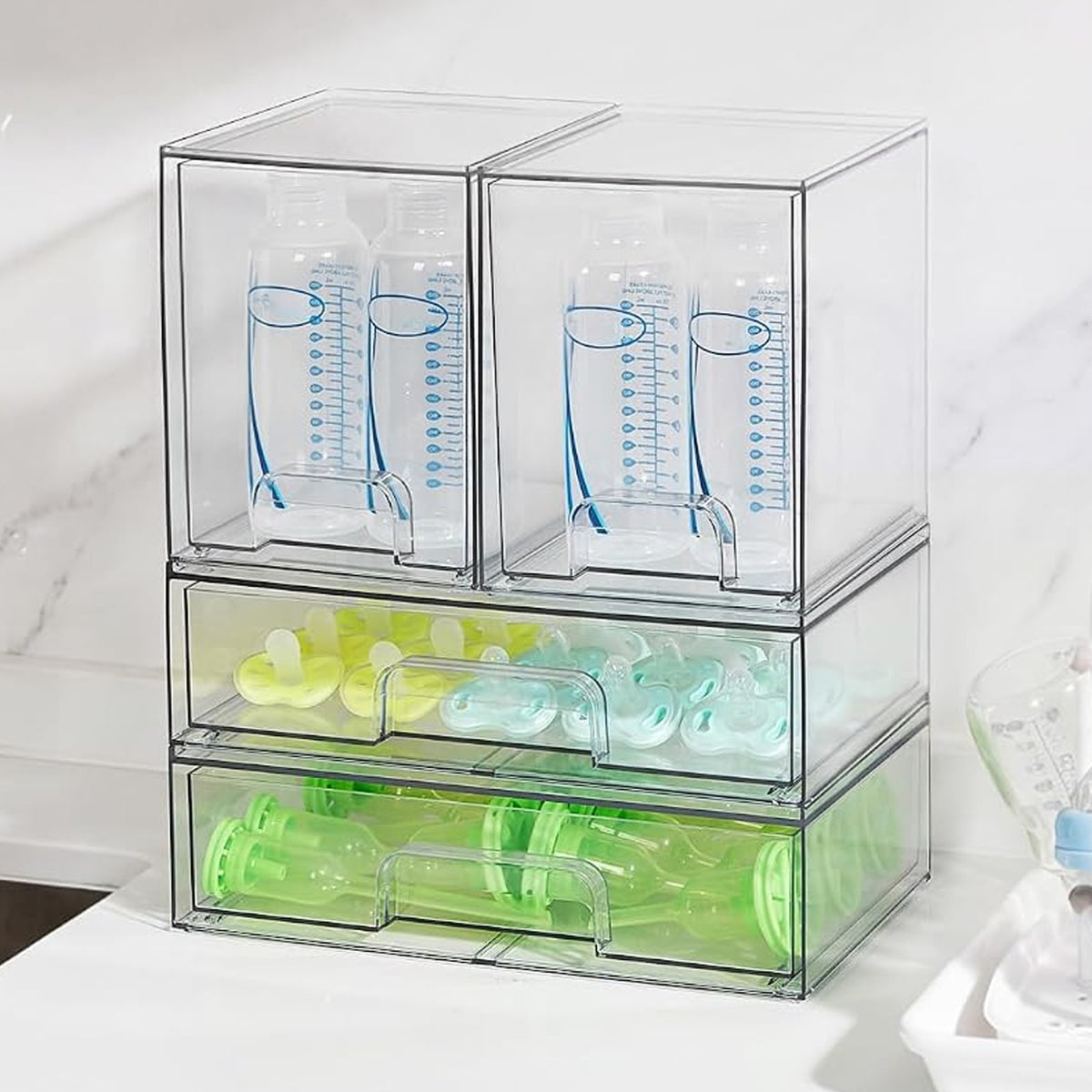 Cheer Collection Clear Stackable Storage Drawers, 4-Piece Modular Organizer Set