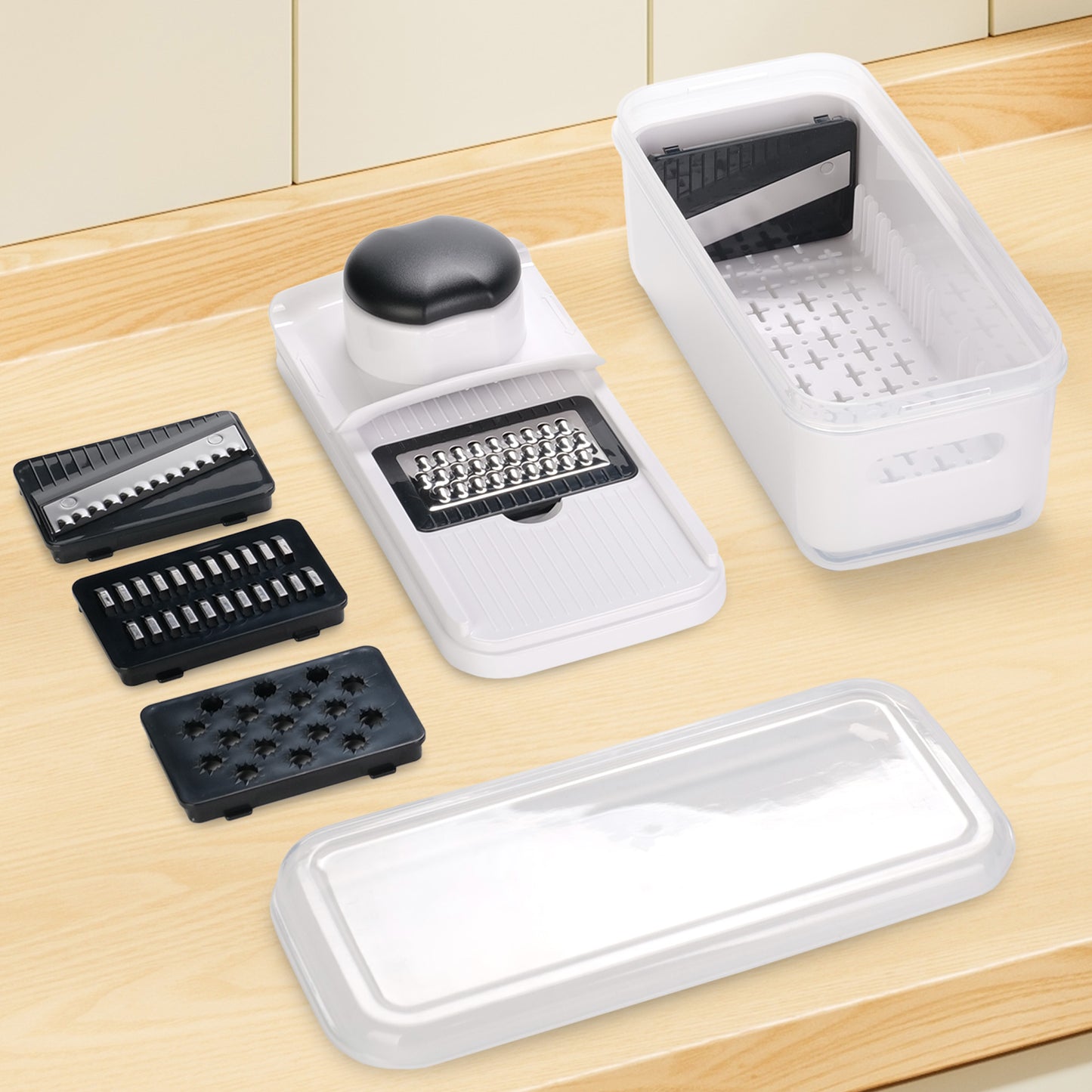 Cheer Collection Vegetable Slicer Mandoline and Grater Set with 5 Blades and Container Black and White