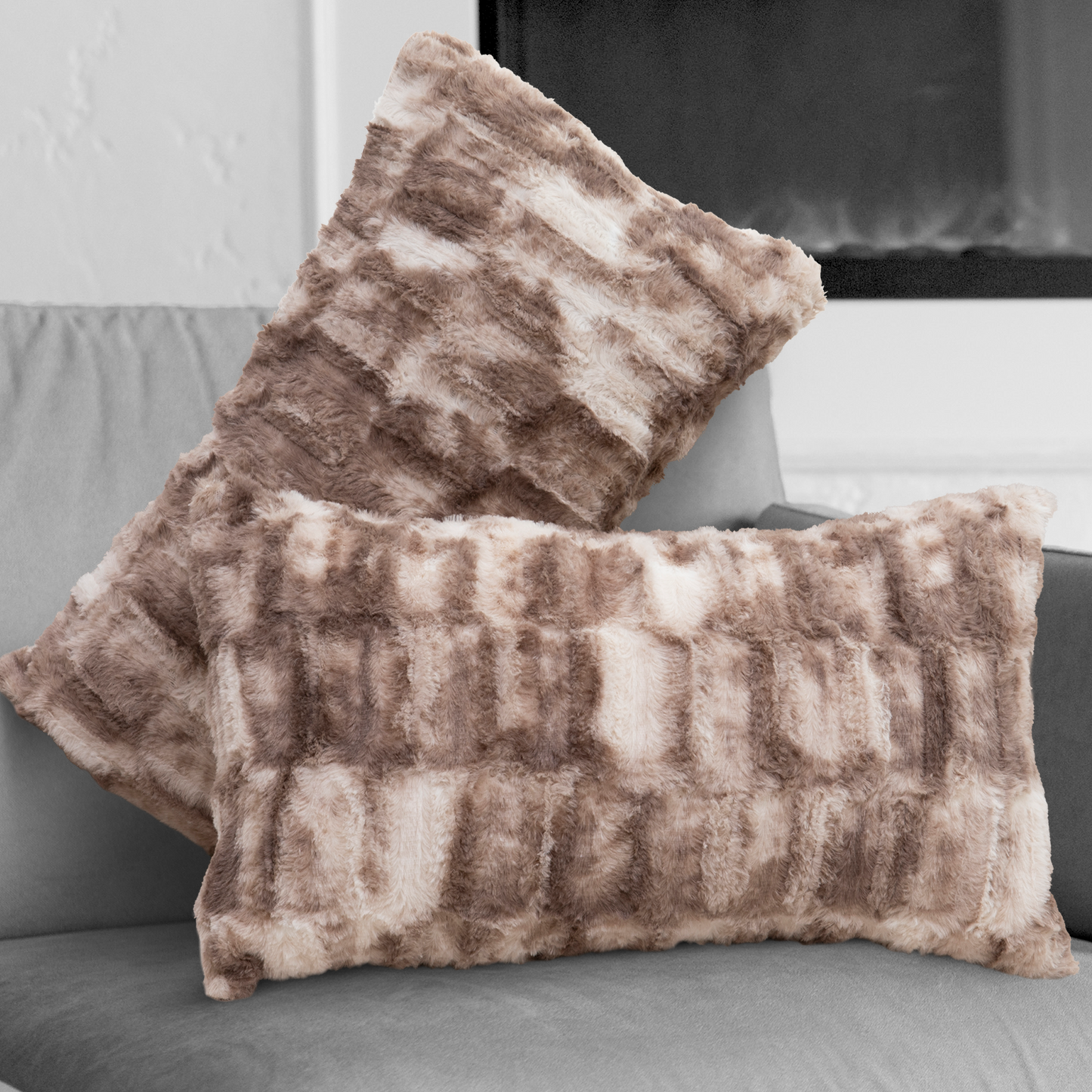 Cheer Collection Decorative Faux Fur Throw Pillow  with Inserts - Luxuriously Soft Bamboo Design Accent Pillows – 12” x 20” - Set of 2