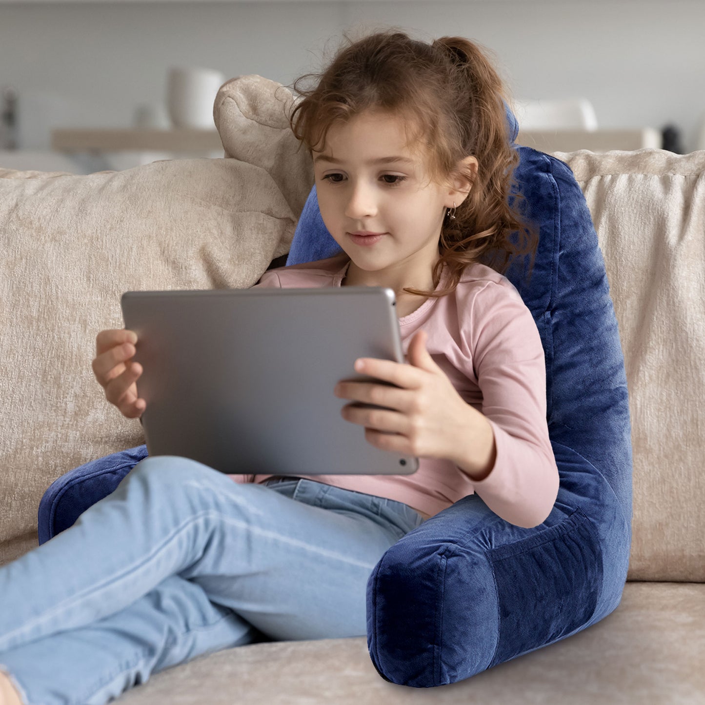 Cheer Collection Kids Size Reading and Gaming Pillow with Armrest - Plush Fiber Filled Backrest Pillow