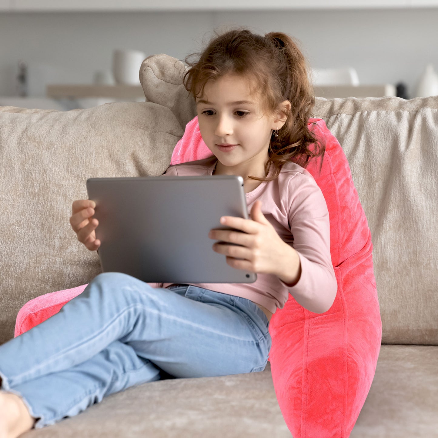 Cheer Collection Kids Size Reading and Gaming Pillow with Armrest - Plush Fiber Filled Backrest Pillow
