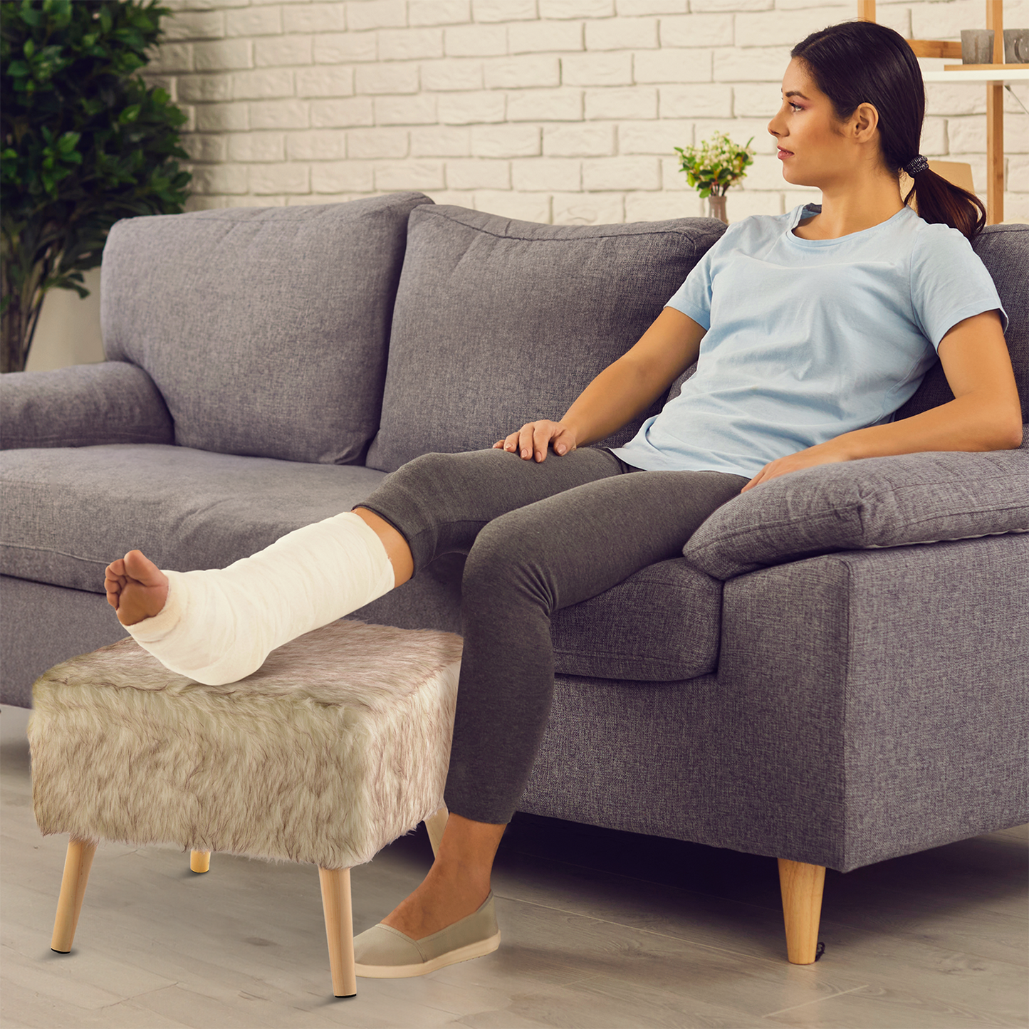 Cheer Collection Faux Fur Wood Leg Stool