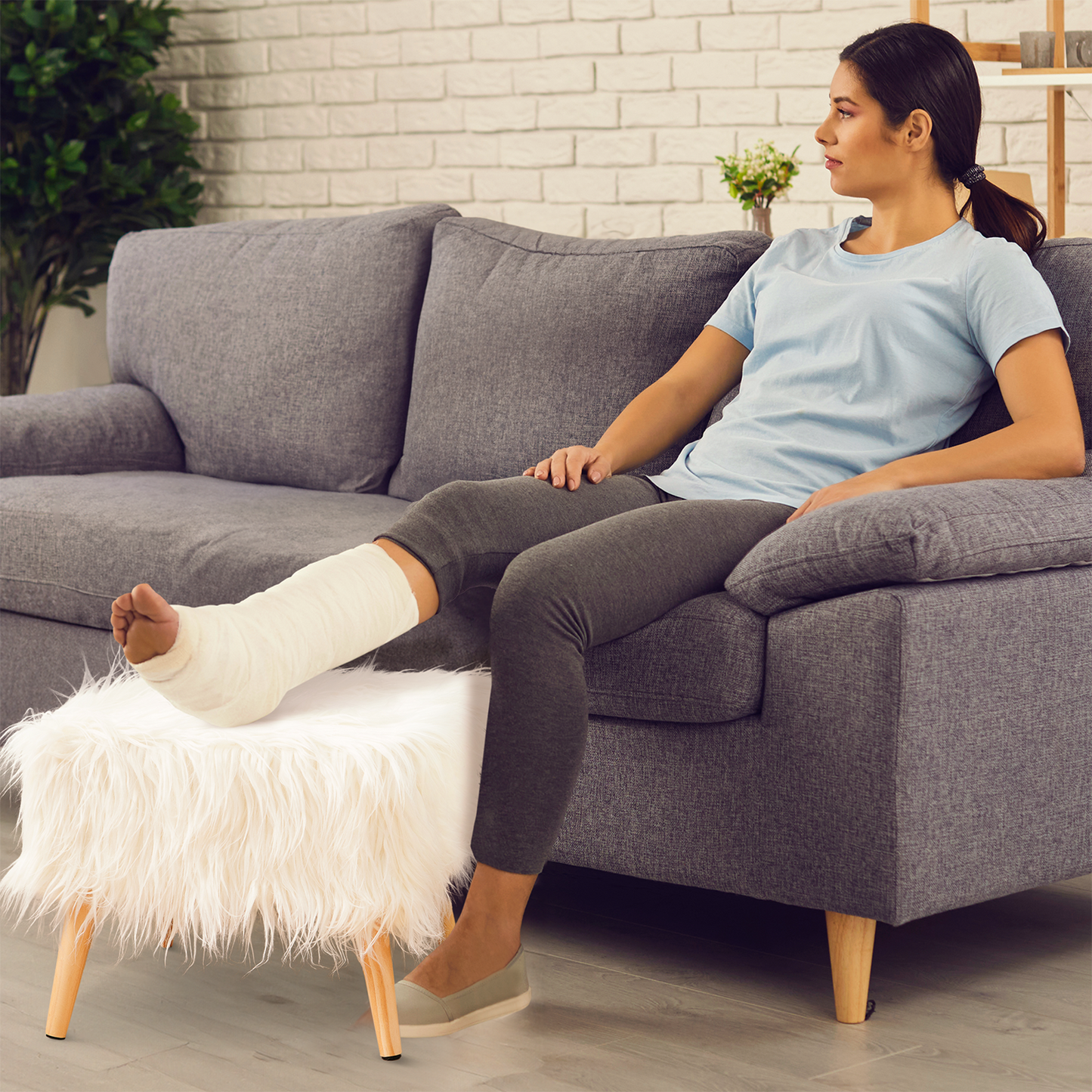 Cheer Collection Faux Fur Wood Leg Stool, White