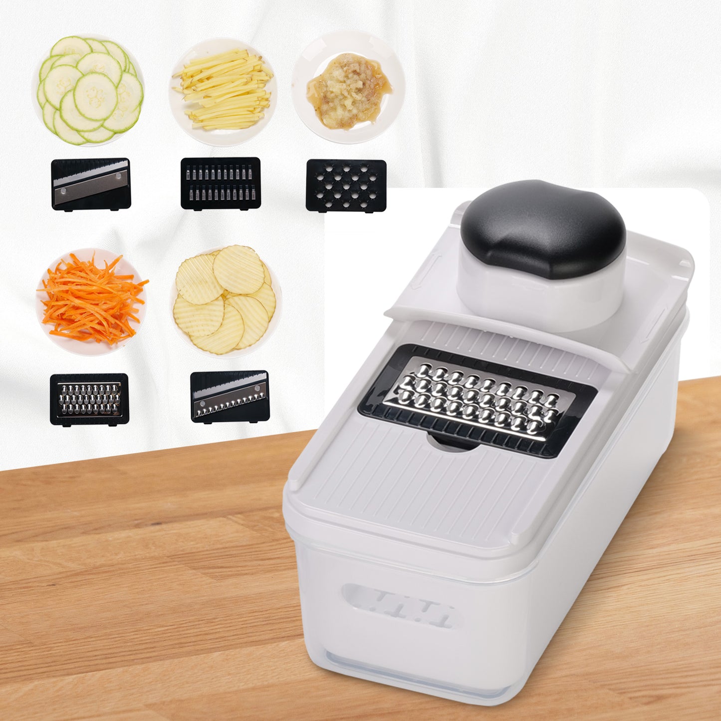 Cheer Collection Vegetable Slicer Mandoline and Grater Set with 5 Blades and Container Black and White