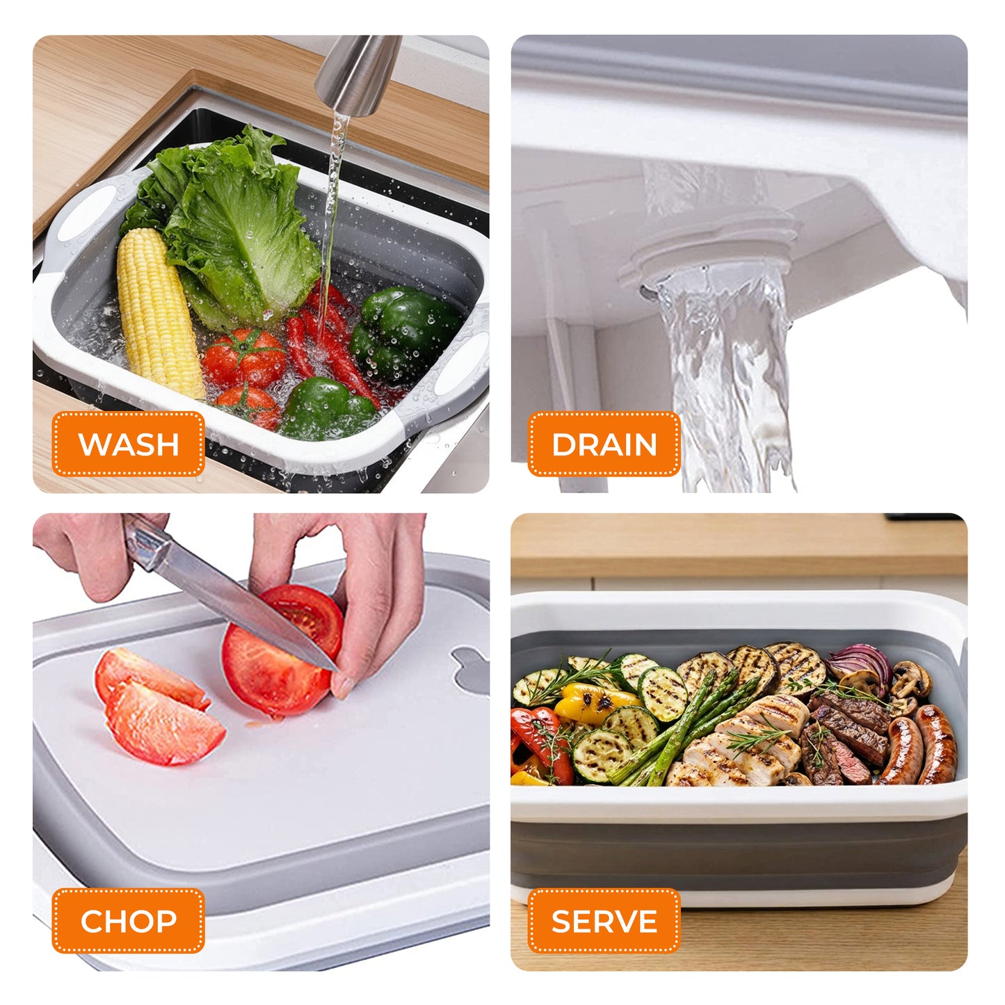 Cheer Collection Collapsible BBQ Prep Tub and Cutting Board 3 in 1 Travel Friendly Wash Chop Serve