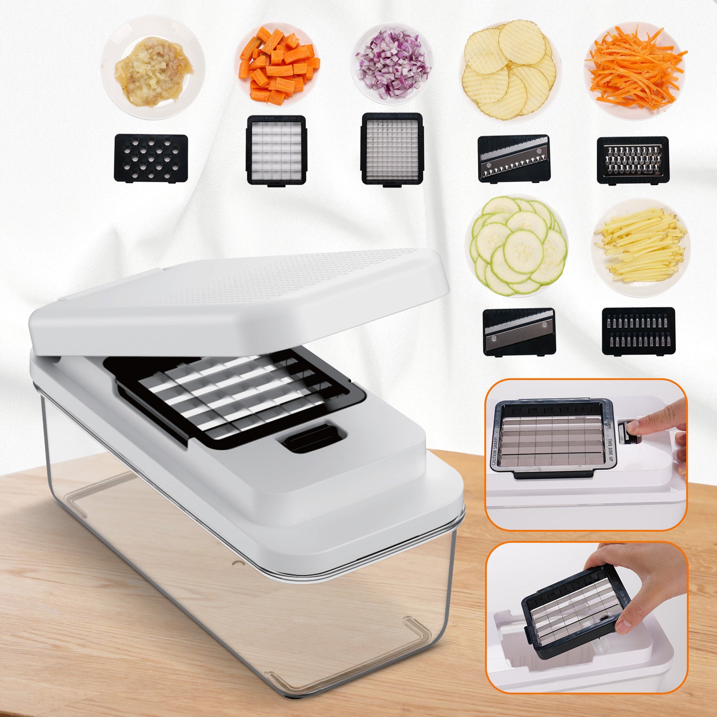 Cheer Collection 7 Blade Vegetable Slicer and Chopper with Container and Lid Black and White