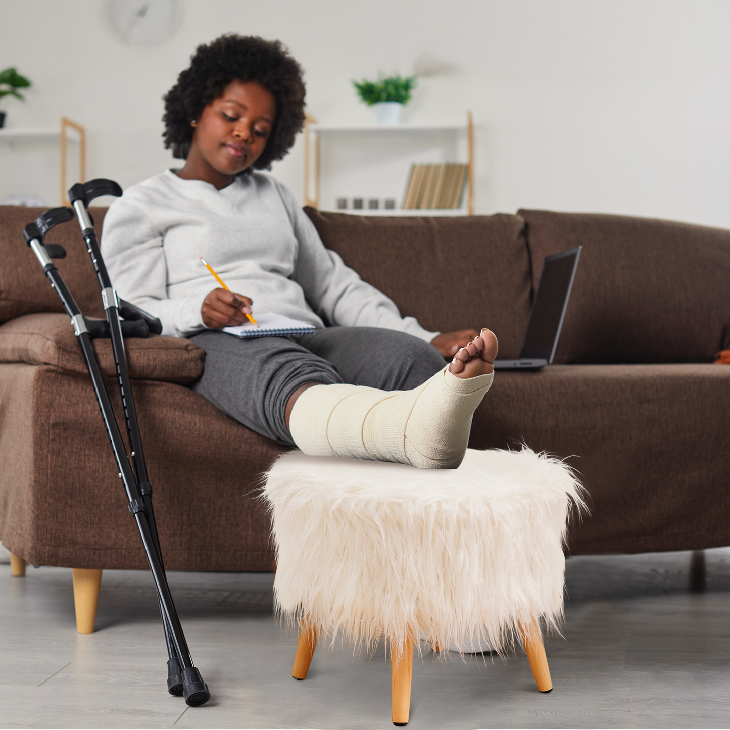 Cheer Collection Faux Fur Wood Leg Stool, White