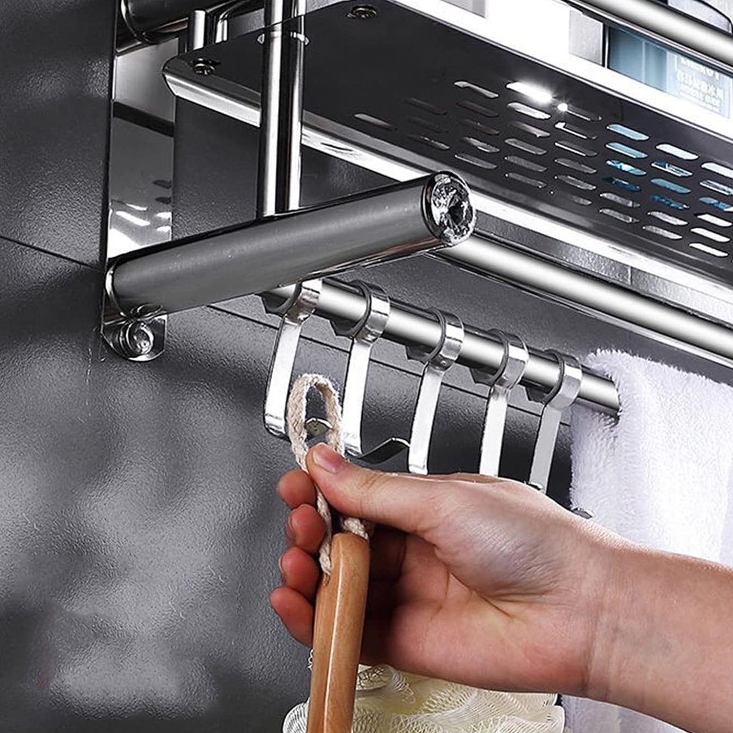 Cheer Collection Wall Mounted Shower Caddy & Towel Hooks - No Drilling Necessary