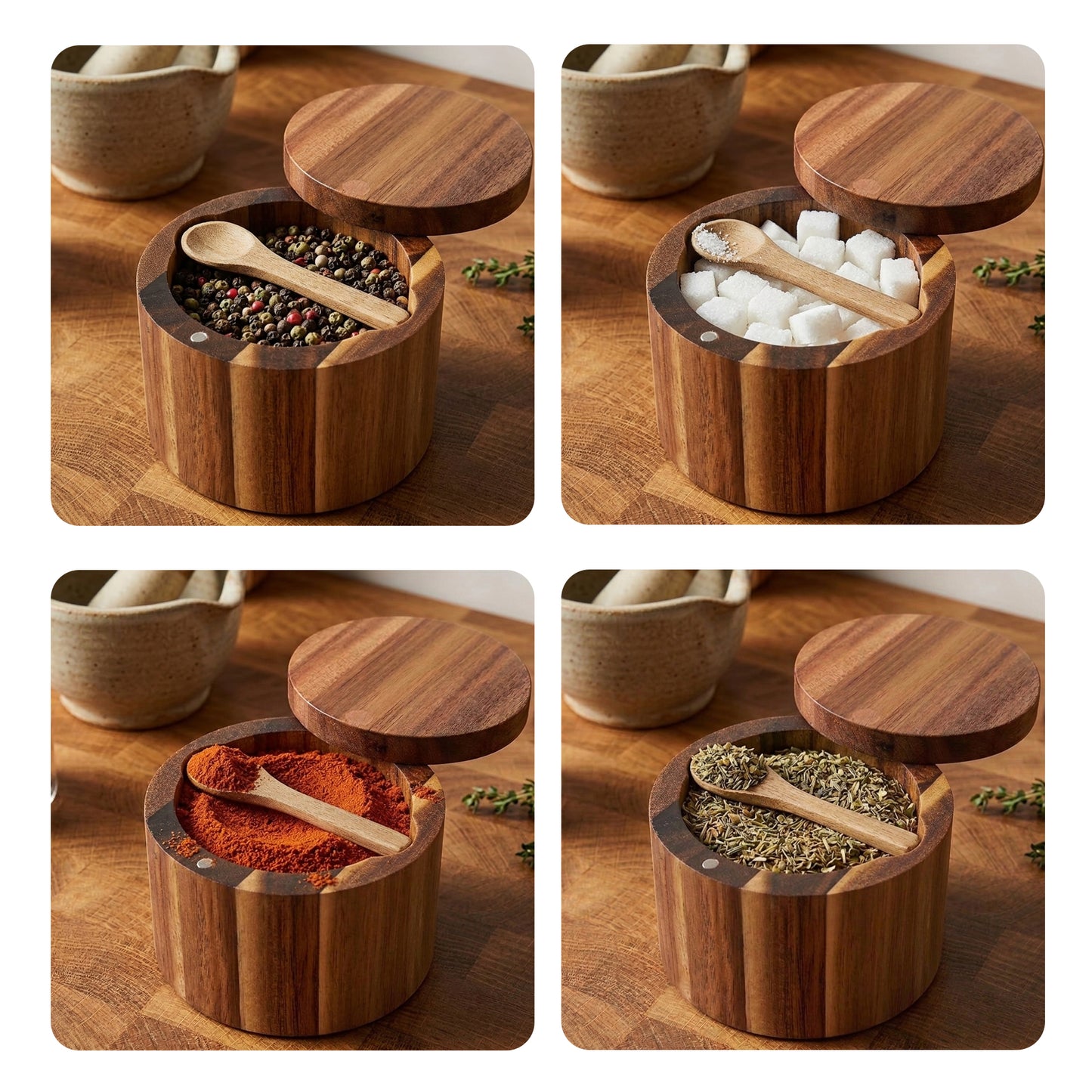 Cheer Collection Acacia Wood Salt Cellar with Magnetic Swivel Lid & Spoon