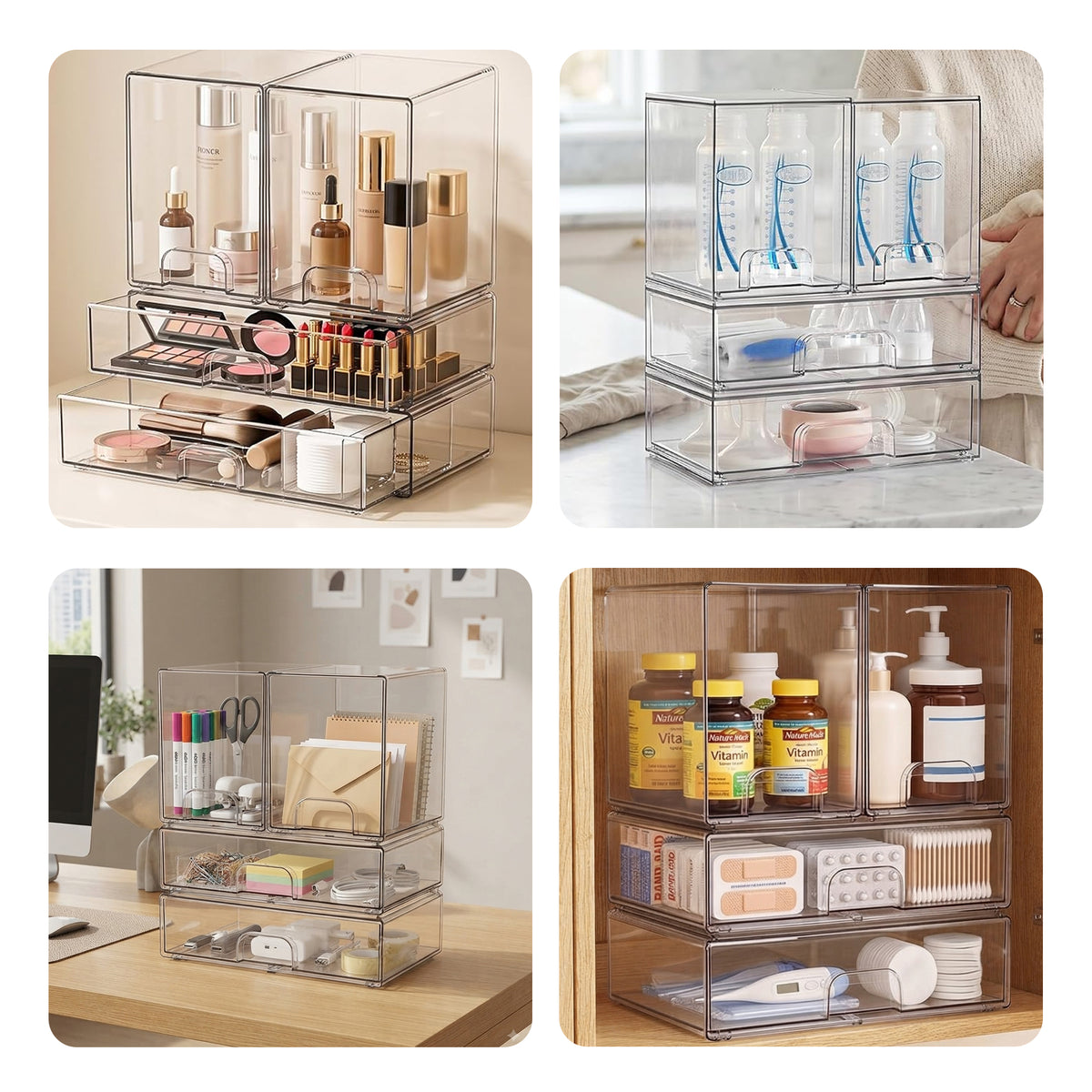 Cheer Collection Clear Stackable Storage Drawers, 4-Piece Modular Organizer Set