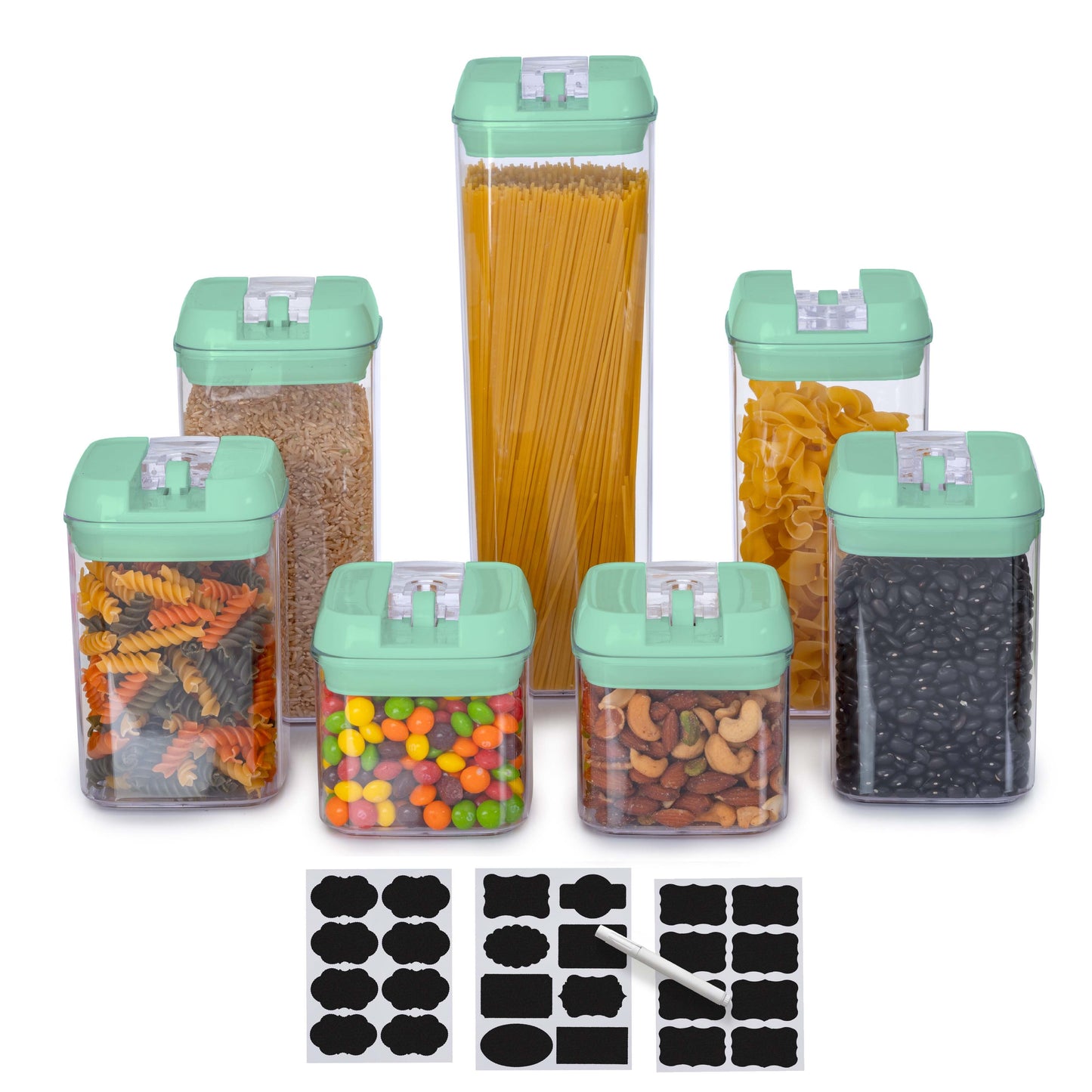 Cheer Collection Set of 7 Airtight Food Storage Containers plus Dry Erase Marker and Label - Multiple Colors Available