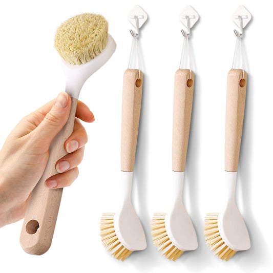 Cheer Collection 3 Piece Bamboo Dish Brush Set with Scraper – Tough Bristles for Kitchen Cleaning