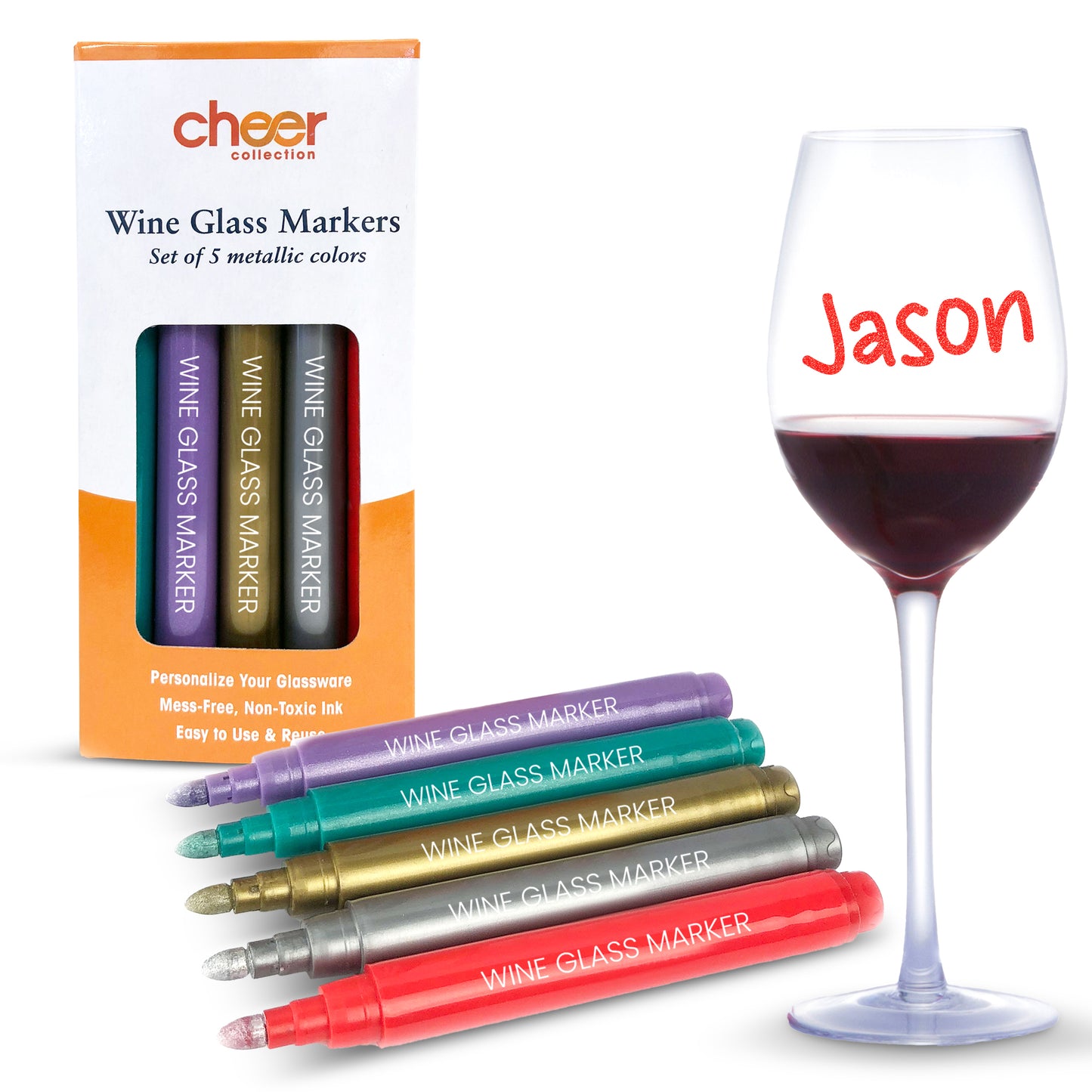 Cheer Collection Metallic Colors Wine Glass Markers, Pack of 5 Washable Pens, Easy Erase, Dries Fast