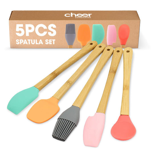 Cheer Collection Mini Silicone Baking Spatula Set with Wooden Handle – 5-Piece Colorful Kids Kit
