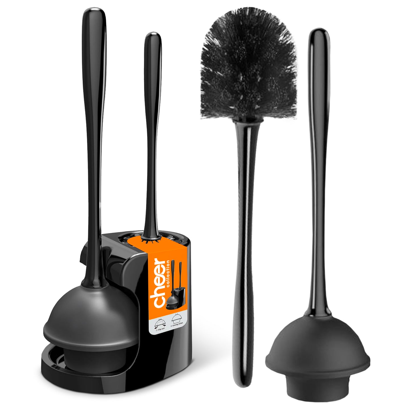 Cheer Collection Dual Action Toilet Plunger and Bowl Brush Set with Compact Storage Holder