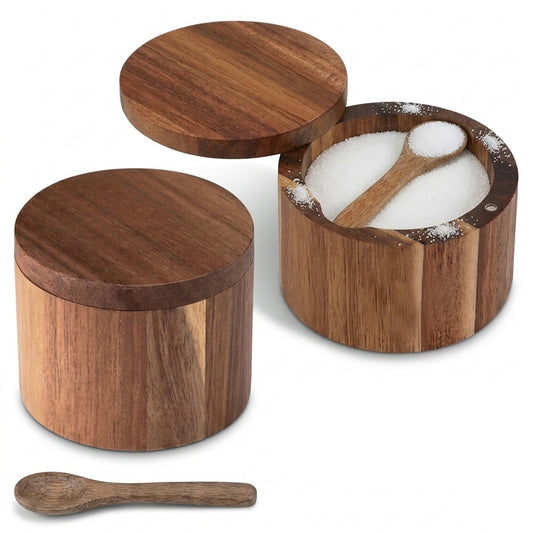 Cheer Collection Acacia Wood Salt Cellar with Magnetic Swivel Lid & Spoon