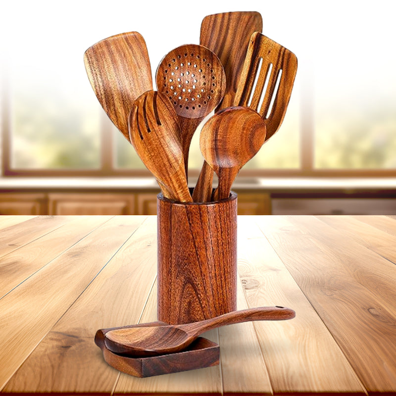 Cheer Collection 9 Piece Deluxe Wooden Utensils Set with Holder and Spoon Rest