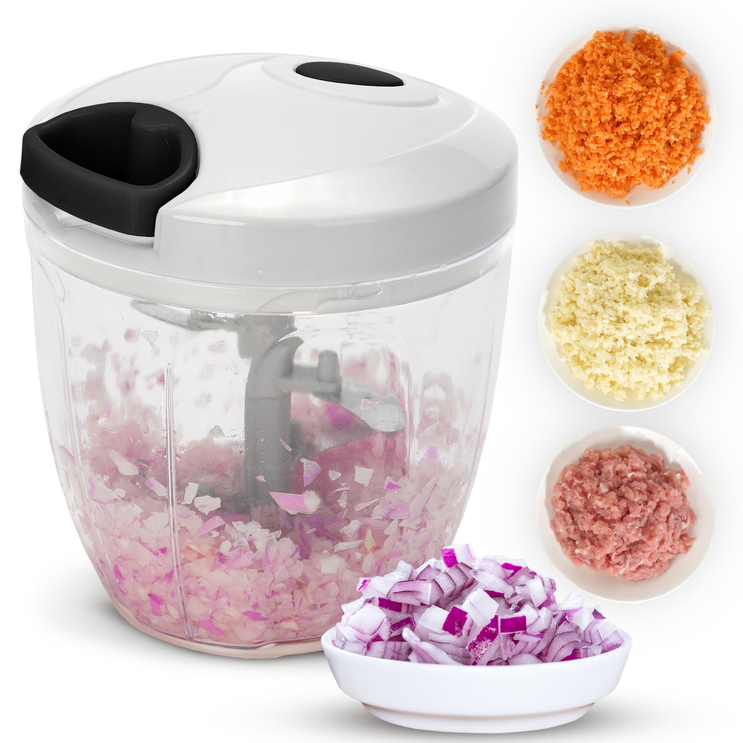 Cheer Collection Manual Vegetable Chopper with Pull String, 30oz, Black and White