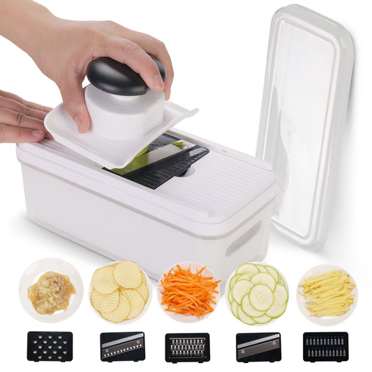 Cheer Collection Vegetable Slicer Mandoline and Grater Set with 5 Blades and Container Black and White