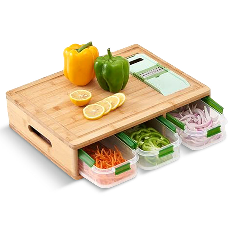 Cheer Collection Bamboo Cutting Board with 3 Leak-Proof Stackable Containers and 4 Graters