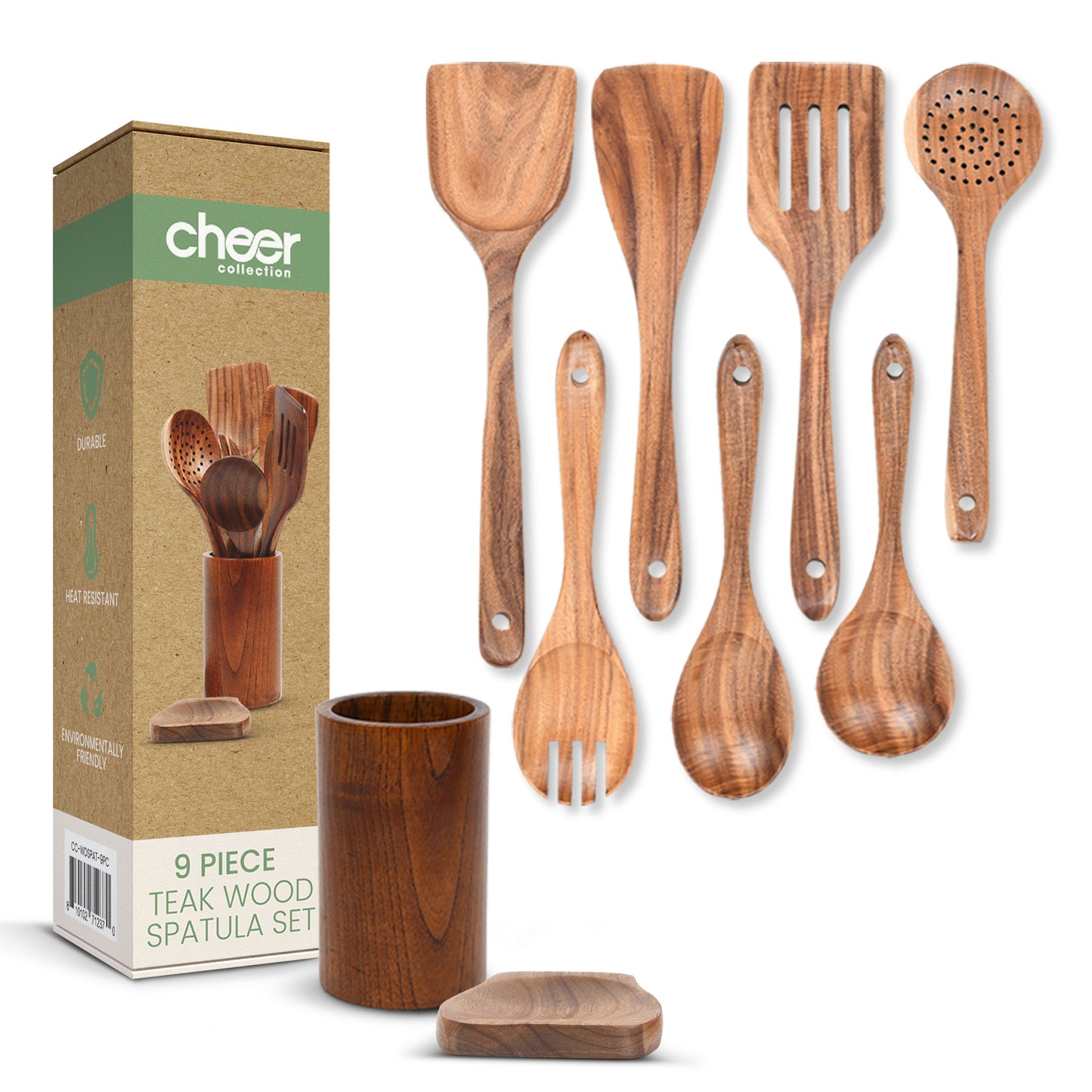 Cheer Collection 9 Piece Deluxe Wooden Utensils Set with Holder and Spoon Rest