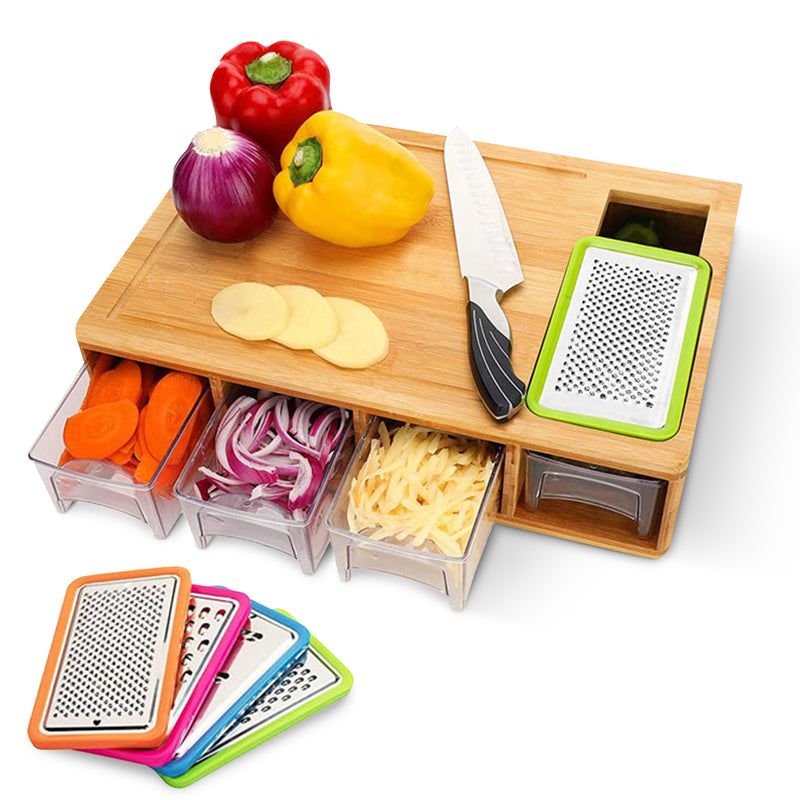Cheer Collection Bamboo Cutting Board with Integrated Graters and 4 Storage Trays with Lids