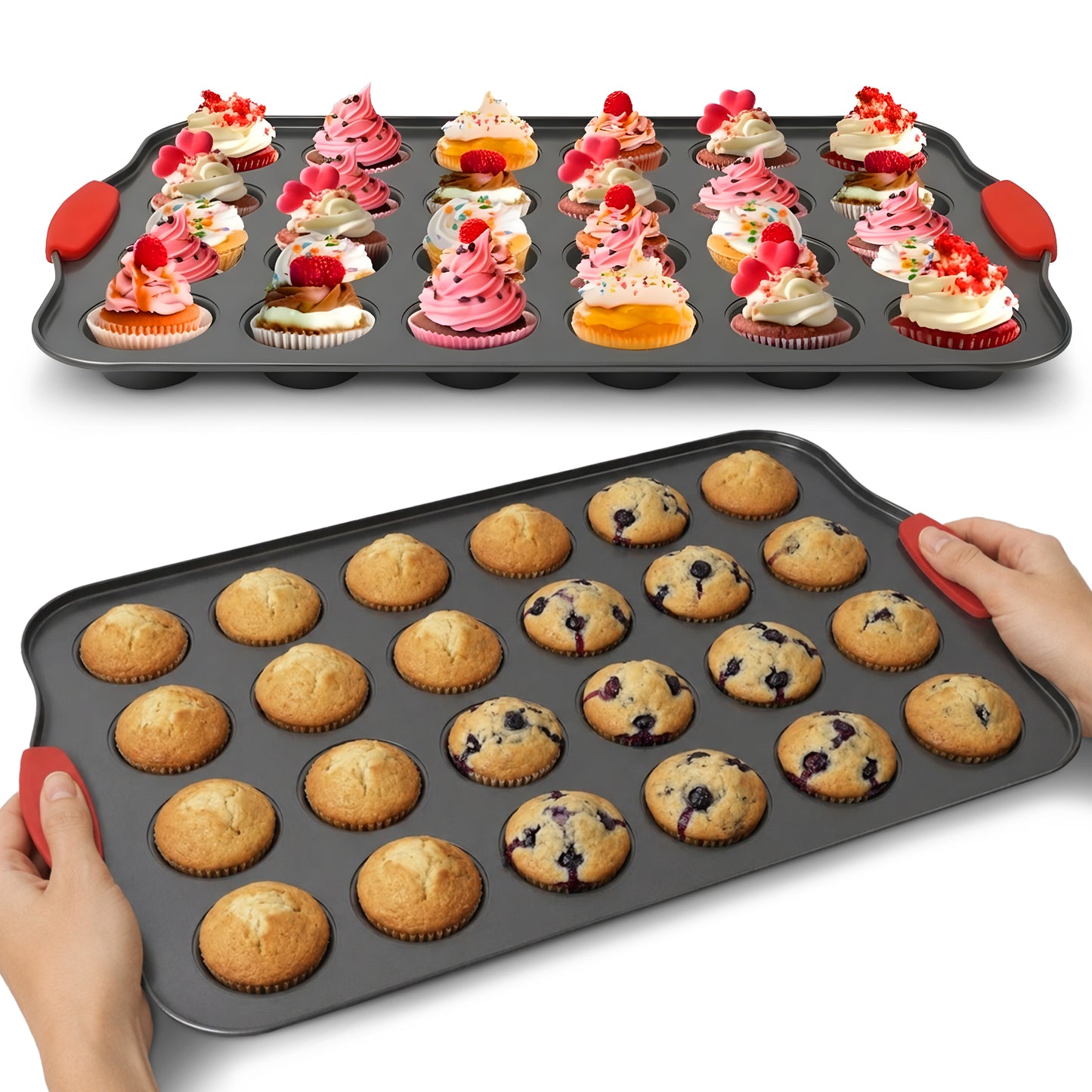 Cheer Collection 24-Cup Carbon Steel Mini Muffin Pans with Silicone Handles, Set of 2
