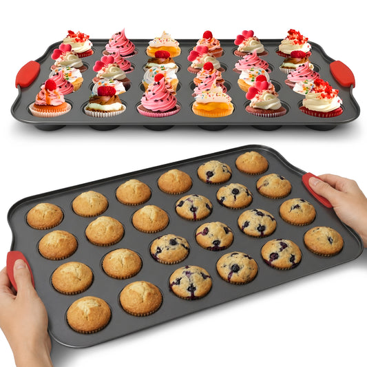 Cheer Collection 24-Cup Carbon Steel Mini Muffin Pans with Silicone Handles, Set of 2