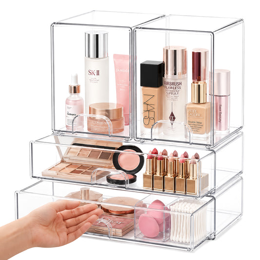 Cheer Collection Clear Stackable Storage Drawers, 4-Piece Modular Organizer Set