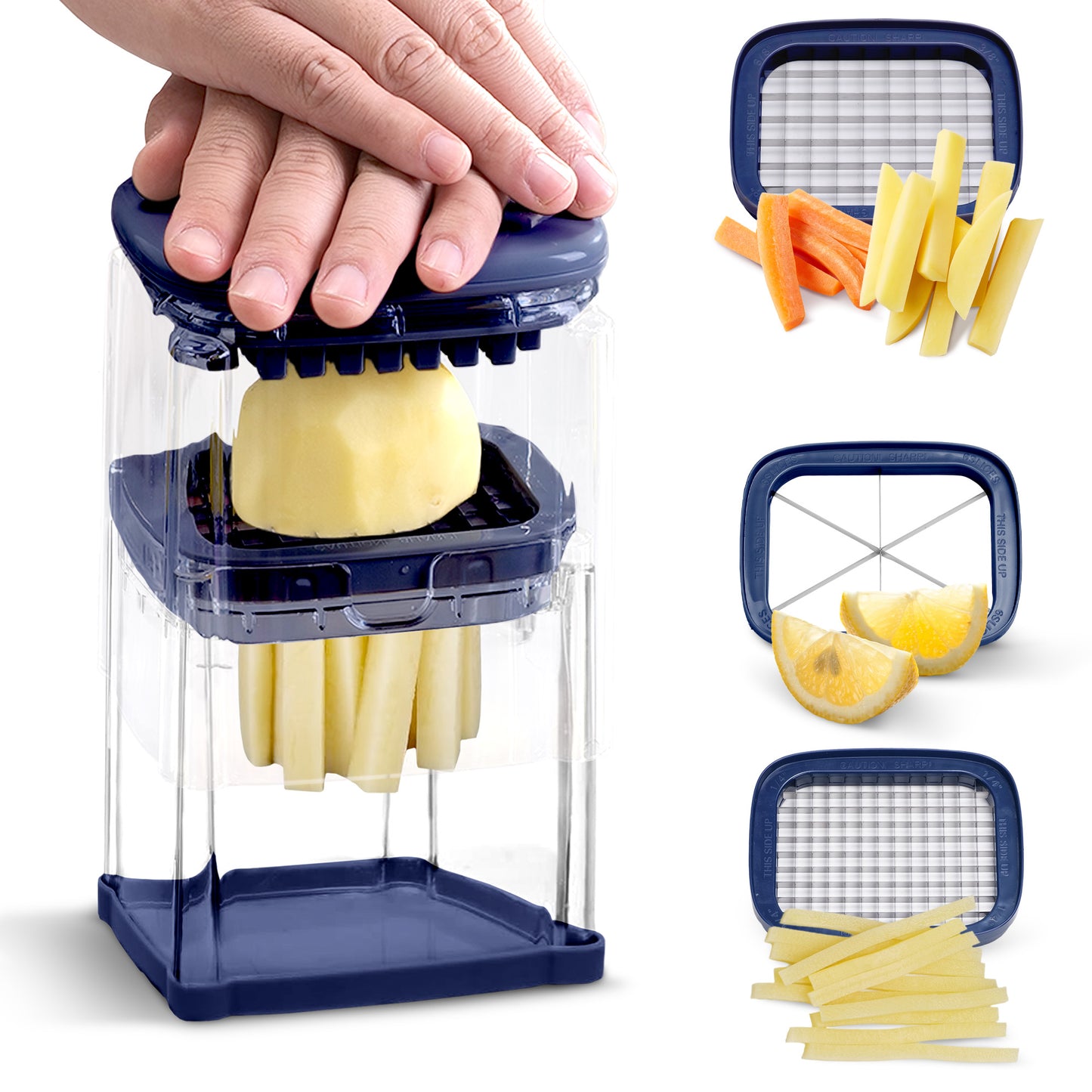 Cheer Collection Vegetable Chop Box with 3 Interchangeable Blades, Navy Blue
