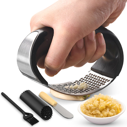 Cheer Collection Garlic Press Rocker Set Stainless Steel Garlic Mincer with Peeler Brush and Scraper